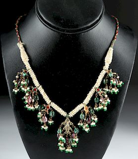 19th C. Indian 12K Gold, Pearl, & Gemstone Necklace