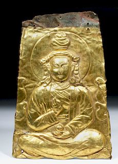 18th C  Tibetan Gilded Copper Repousse Plaque - Buddha