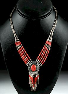 20th C. Native American Silver & Coral Necklace - 17 g