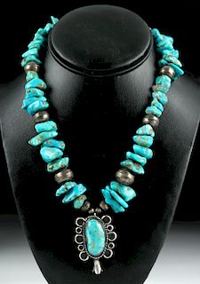 20th C. Navajo Turquoise & Silver Squash Necklace
