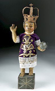 19th C. Mexican Wooden Santo w/ Clothing - Christ Child