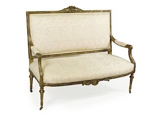 French Louis XVI Style Giltwood Carved Settee