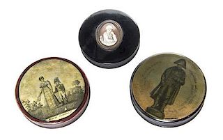 Three Napoleonic Lacquered Patch Boxes, Diameter of largest 3 1/2 inches.