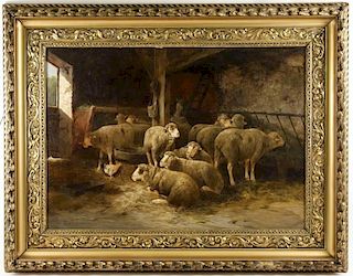 19th C. British, "Flock of Sheep in Barn", Signed