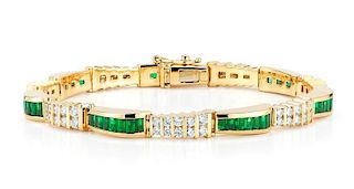 18k Yellow Gold Baguette Diamond Emerald Bracelet