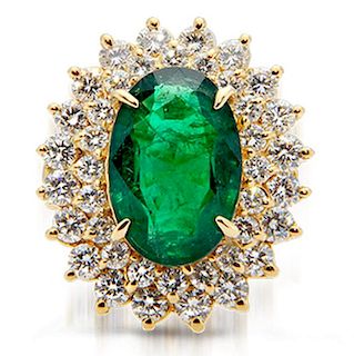 Sunburst Halo 7ct Emerald & Diamond 18k Gold Ring