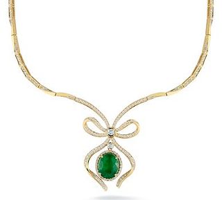 Elegant 4ct Emerald Oval & Diamond Bow Necklace