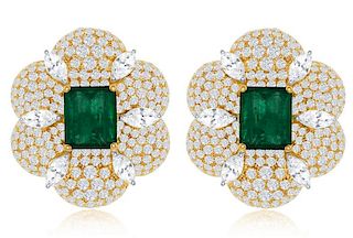 Elegant 18k Emerald & Diamond Floral Clip Earrings