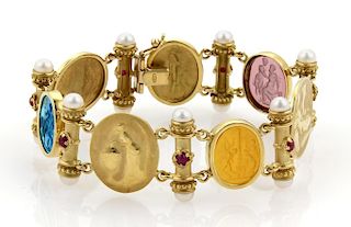 18k Gold Multi Gem Intaglio Greek Design Bracelet