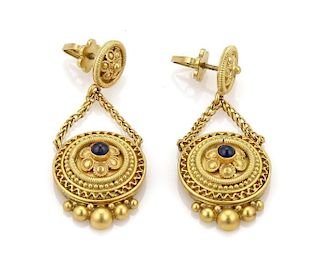 22k Yellow Gold & Sapphire Floral Drop Earrings