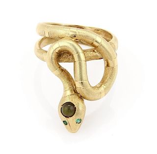 Vintage 18k Gold Onyx & Peridot Coiled Snake Ring
