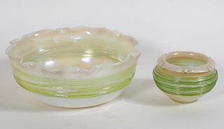2 Iridized Art Glass Bowls with Spun Green