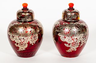 Pair Cranberry Glass Silver Overlay Lidded Jars