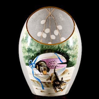 Art Glass Dachshund Enameled Glass Egg Vase