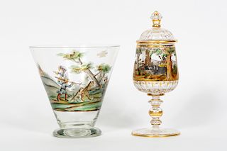 2 German Enamel Hunt Scene Glass Pieces