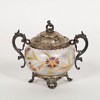 Enamel Decorated and SP Handled Sugar/Covered Jar