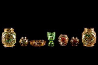 Attr. Moser, 7 Enamel & Crackle Art Glass Pieces