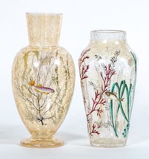 2 Aquatic Crackle Art Glass Vases, Attr. to Moser