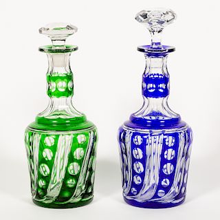 Two Cut to Clear Blue & Green Decanters