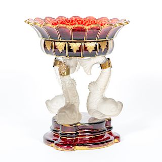 19th C Bohemian Ruby Red Dolphin Motif Compote