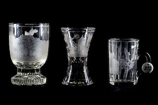 Three Etched Bohemian Glasses / Mugs