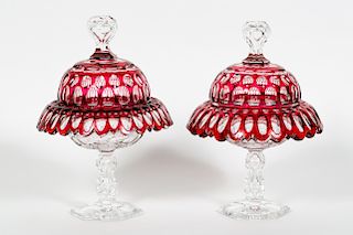 Pair of Cranberry Cut Glass Lidded Compotes
