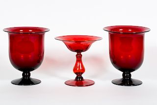 Bohemian Ruby Glass Tazza & 2 Footed Vases