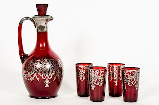Ruby Glass Decanter and 4 Glasses w/ Silver Overla