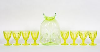 9 Piece, Vaseline Vase and Goblets, Green