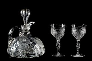 Art Nouveau Engraved Glass Decanter & Glasses