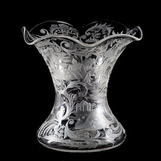 Attr. Hawkes Etched Glass Vase, Landscape Scenes