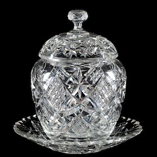 Cut Glass Lidded Jar with Underplate, Three Pieces