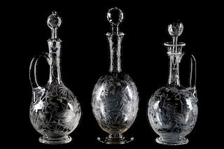 Three Bird Motif Etched Crystal Decanters
