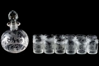 Etched Glass Liquor Set, Bottle & 12 Glasses