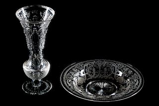2 Cut / Etched Rock Crystal Pieces- Vase and Bowl