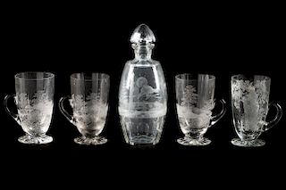 Engraved Glass Decanter, 4 Etched Glass Mugs