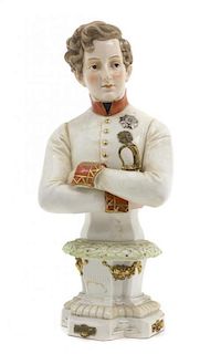 A German Porcelain Bust, Height 13 3/8 inches.