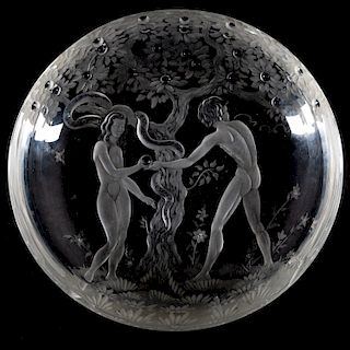 Adam and Eve Engraved Glass Bowl, Lindstrand Style
