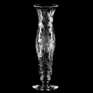 Tall Engraved Glass Trumpet Vase