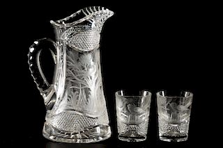 Engraved Glass Handled Pitcher & Two Tumblers