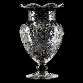 Bulbous Engraved Glass Floral Motif Vase