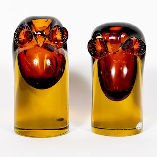 Two Murano Amber Colored Glass Owls