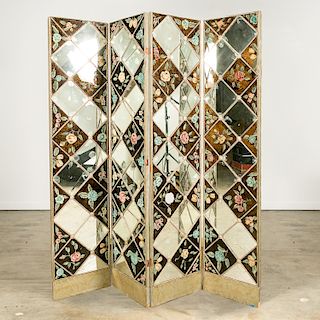 Early 20th C. Rope Motif 4 Panel Mirrored Screen