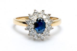 18k Two-Tone Gold, Sapphire, & Diamond Halo Ring