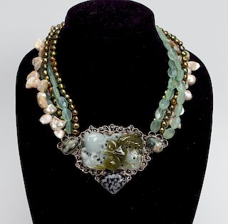 Sterling, Carved Jade, Multi Strand Necklace