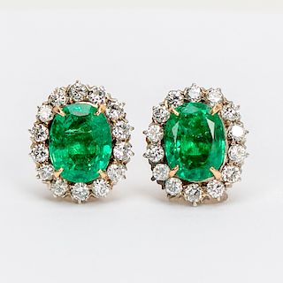 Pair, 10k Gold, Emerald, & Diamond Halo Earrings