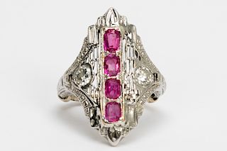 Art Deco 14k White Gold, Ruby, & Diamond Ring