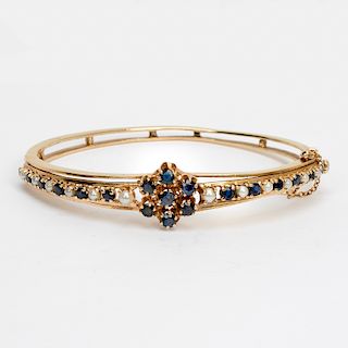 14k Yellow Gold, Sapphire, & Pearl Bangle Bracelet