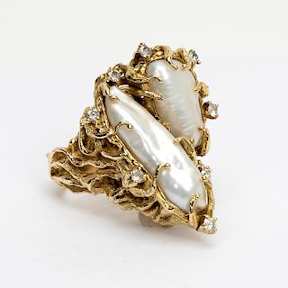 14k Yellow Gold, Baroque Pearl, & Diamond Ring