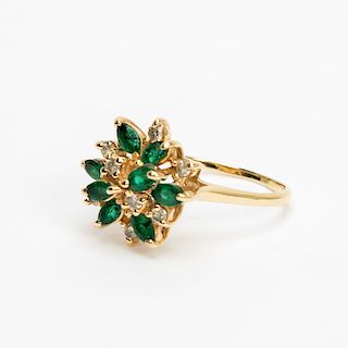 14k Gold, Emerald, & Diamond Cluster Ring